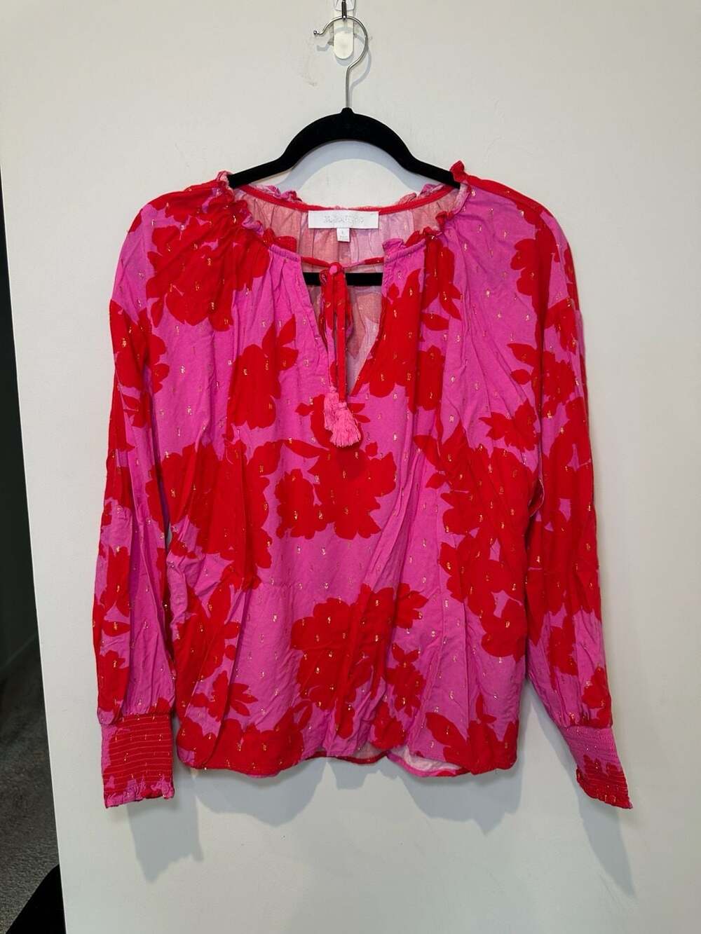 Sugarlips Pink and Red Floral Print Long Sleeve Split Neck Blouse with Gold Meta